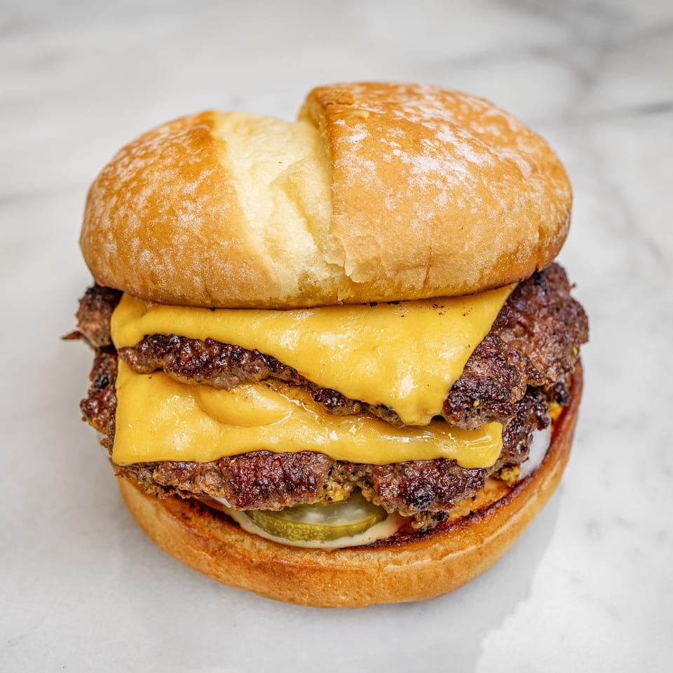 A double cheeseburger with melted cheese, pickles, and sauce on a toasted bun.