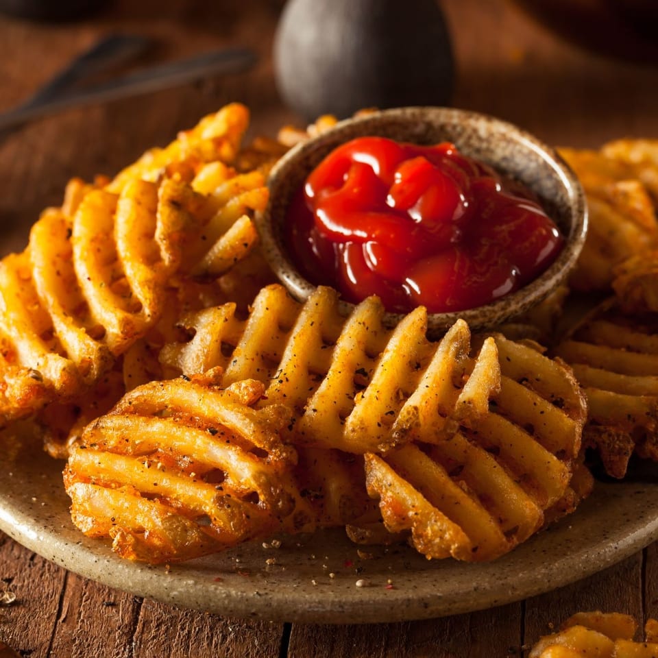 Crispy waffle fries seasoned with pepper, served on a plate with a small bowl of ketchup.