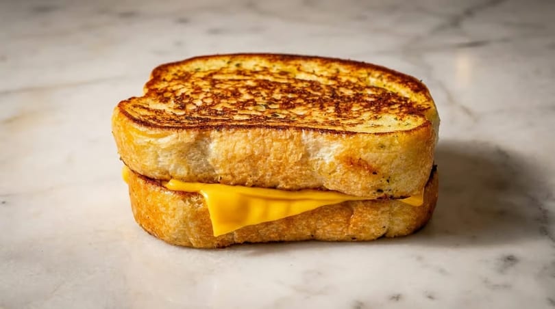 A golden-brown grilled cheese sandwich with melted yellow cheese on a white marble surface.
