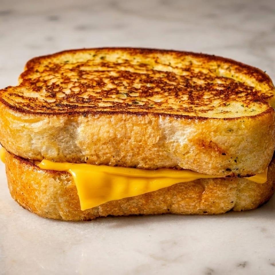 Golden-brown grilled cheese sandwich with melted yellow cheese on a white marble surface.