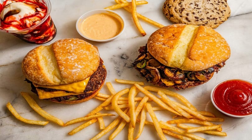 Two burgers, fries, a milkshake, a cookie, and dipping sauces on a marble surface.