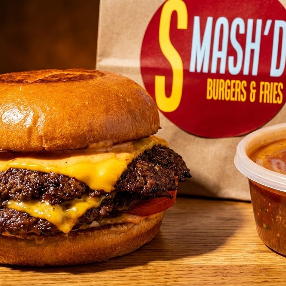 A Smash'd double cheeseburger with a branded paper bag and a container of sauce on a wooden table.