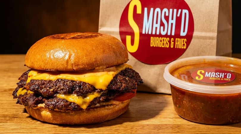 A Smash'd double cheeseburger with a branded bag and a container of sauce on a wooden surface.