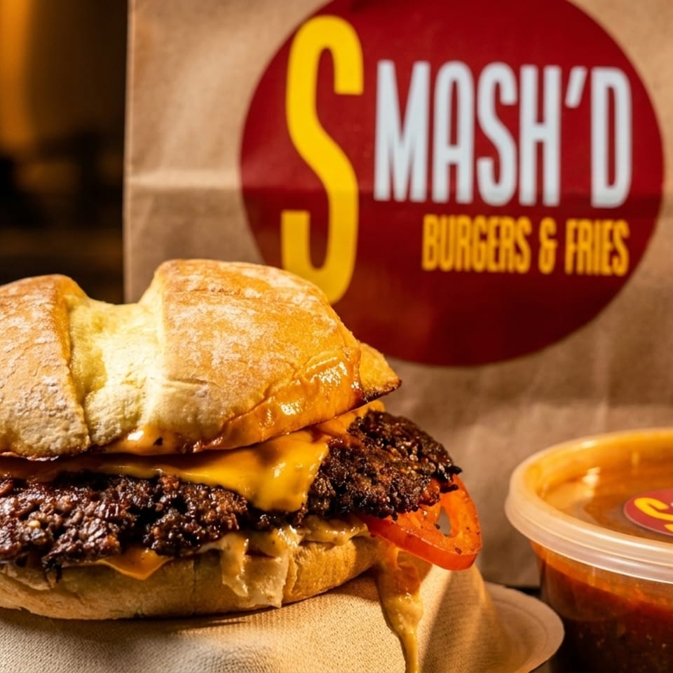 A Smash'd burger with cheese and tomato, a side of sauce, and a branded paper bag.